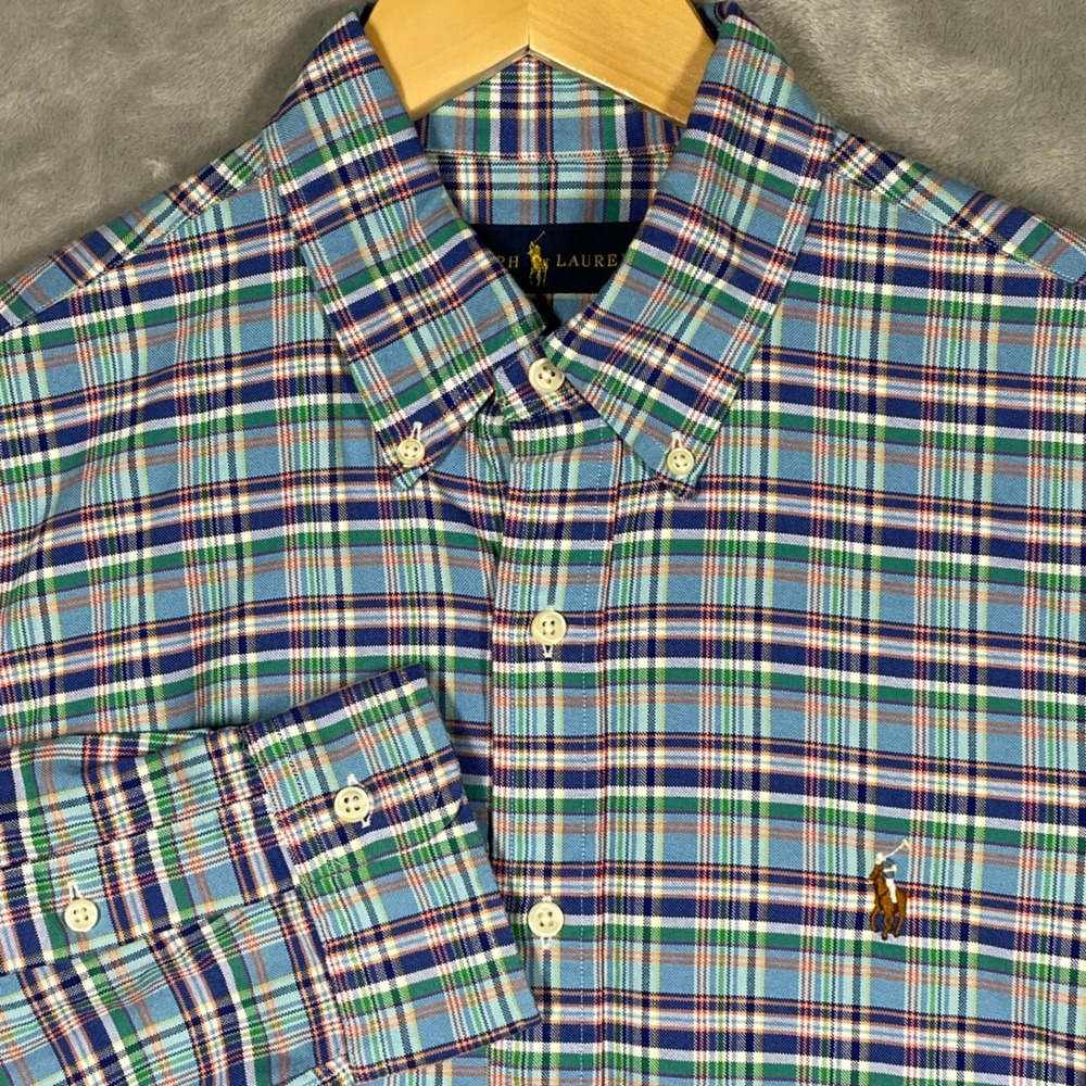 Ralph Lauren Mens Plaid Button Down Shirt Blue Green Orange Long Sleeve Medium